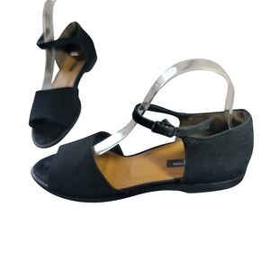 Paul Green Black Nubuck Leather Ankle Strap D'Orsay Open Peep Toe Flat Sandals 9